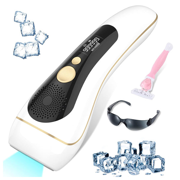 The MYUPSZMI Laser Hair Removal for Women and Men is a handheld IPL device with an ice cold function and digital display, perfect for home use, including a pink razor, black protective eyewear, and ice cubes.